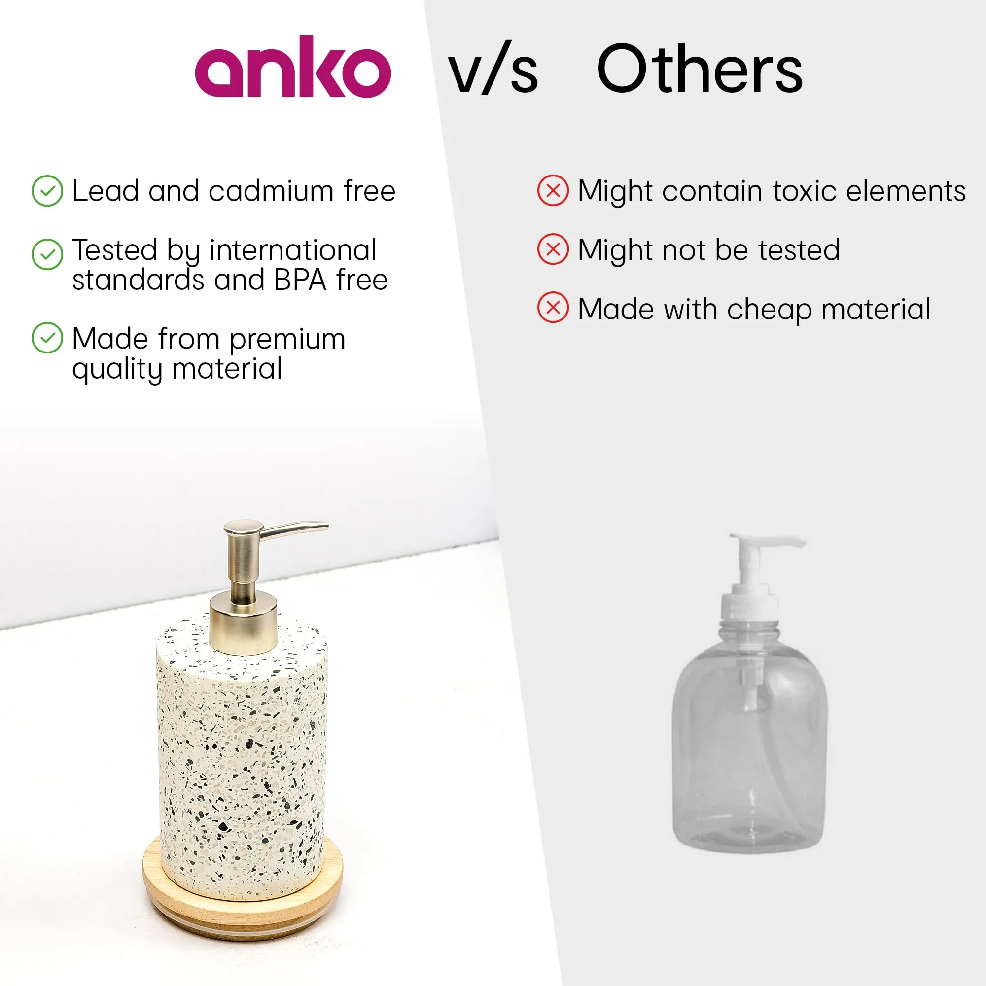 Anko Terrazo Liquid Soap Dispenser (400 mL) & Pink Ribbed Liquid Soap Dispenser (400 mL) Set for Bathroom | Rust-Proof, Leak-Proof, Easy to Clean | Stoneware Bathroom Sanitizer, Lotion