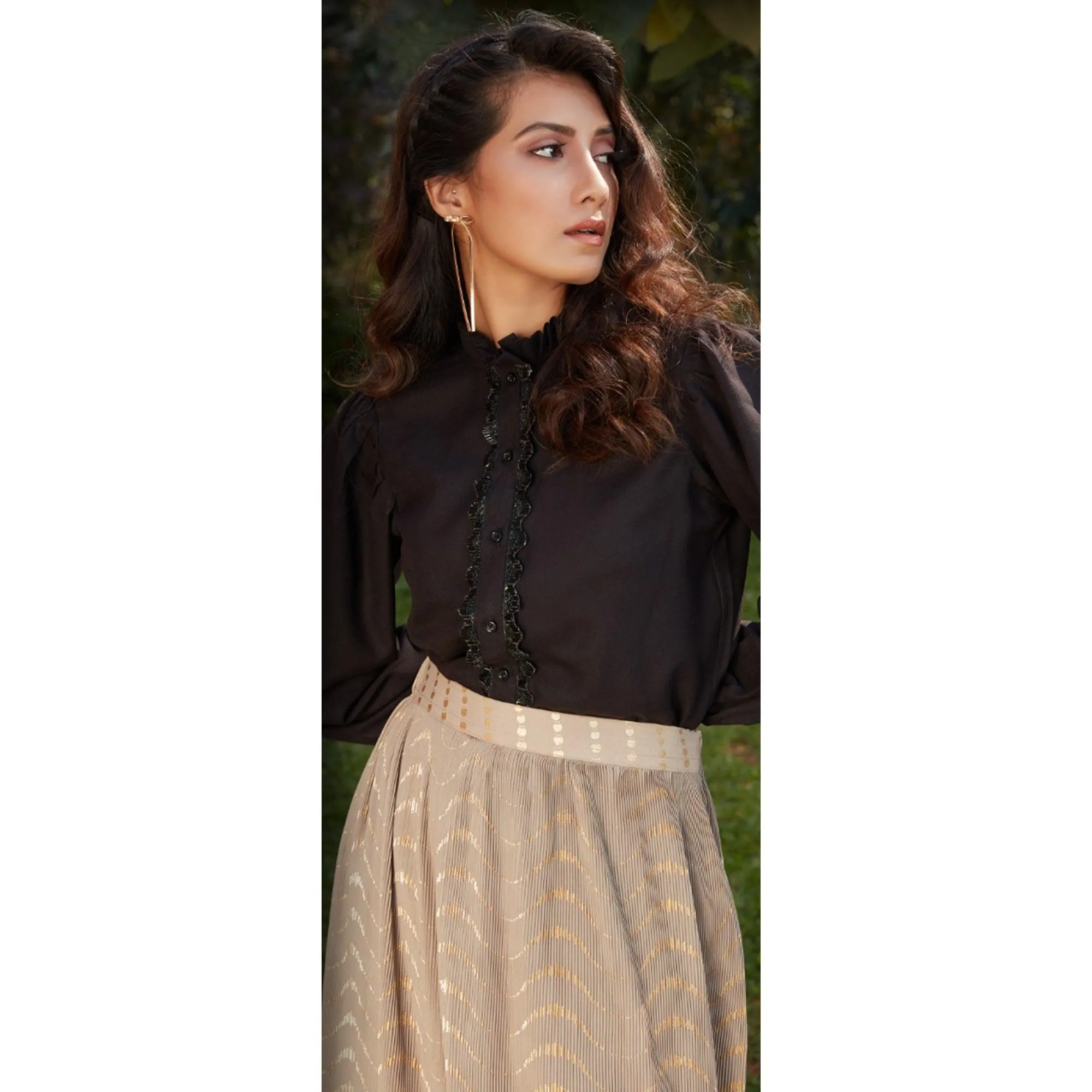 Charming Black-Beige Colored Casual Wear Printed Western Crop Top - Skirt Set