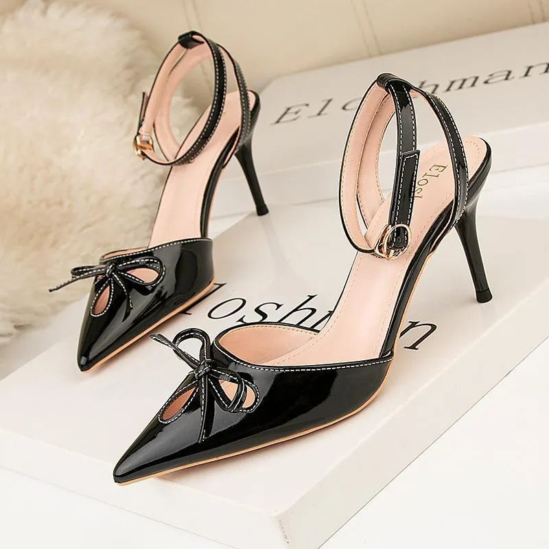 Chicvane Bowknot Ankle Buckle Closed Pointed Toe Stiletto Party Bridal Sandals
