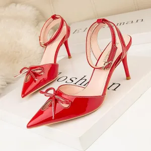 Chicvane Bowknot Ankle Buckle Closed Pointed Toe Stiletto Party Bridal Sandals