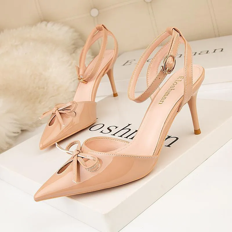 Chicvane Bowknot Ankle Buckle Closed Pointed Toe Stiletto Party Bridal Sandals