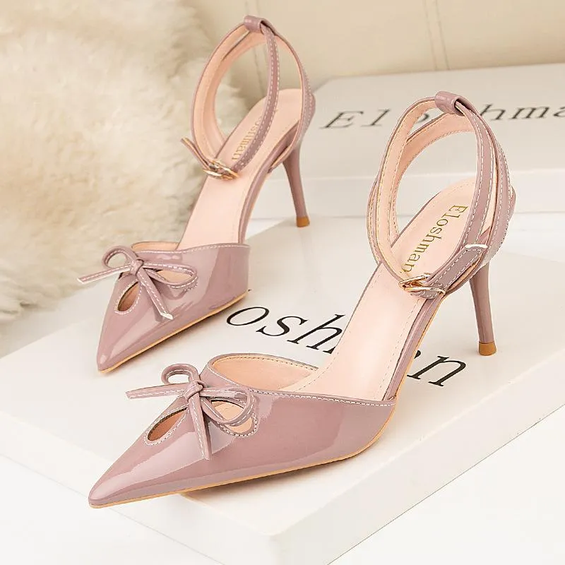 Chicvane Bowknot Ankle Buckle Closed Pointed Toe Stiletto Party Bridal Sandals