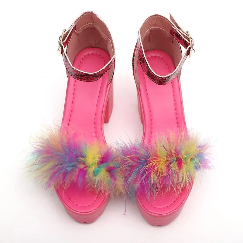 Chicvane Fur Decorate Adjustable Buckle Closure Chunky Heel Sandals