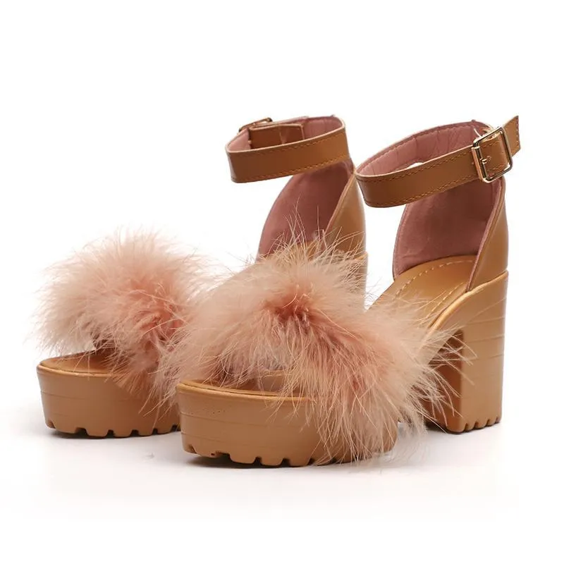 Chicvane Fur Decorate Adjustable Buckle Closure Chunky Heel Sandals