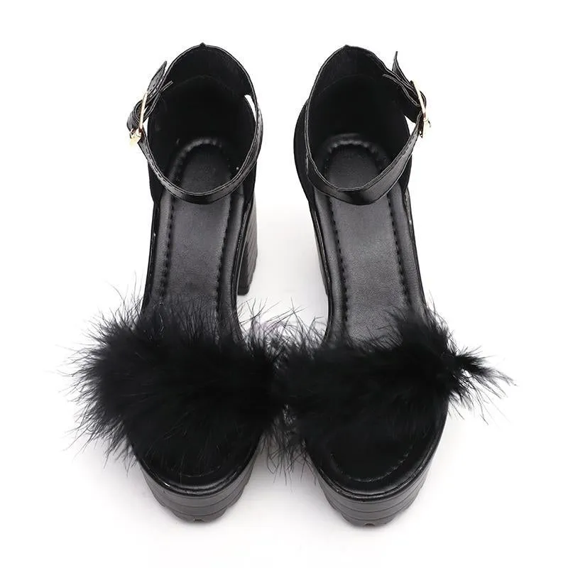 Chicvane Fur Decorate Adjustable Buckle Closure Chunky Heel Sandals