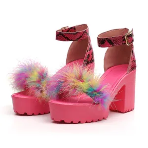 Chicvane Fur Decorate Adjustable Buckle Closure Chunky Heel Sandals