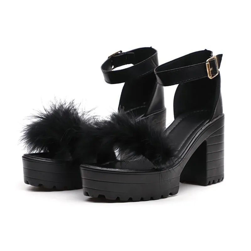 Chicvane Fur Decorate Adjustable Buckle Closure Chunky Heel Sandals