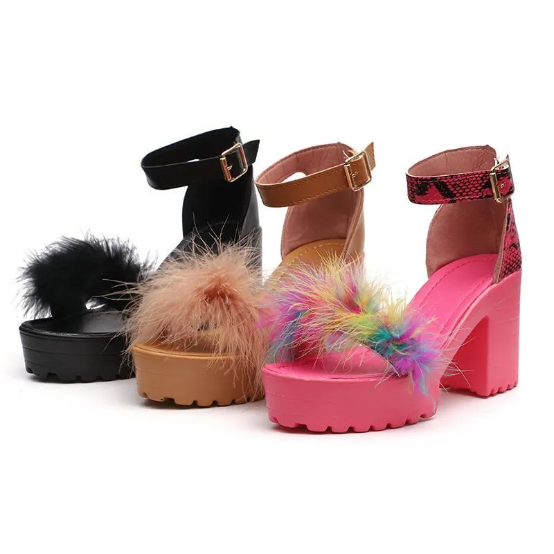Chicvane Fur Decorate Adjustable Buckle Closure Chunky Heel Sandals