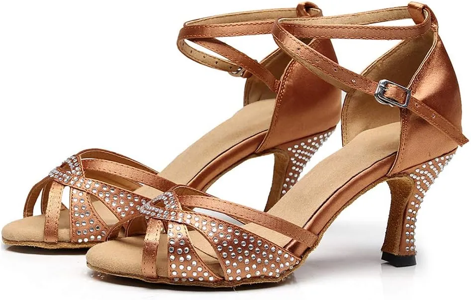 DKZSYIM Women Rhinestone Latin Ballroom Dance Shoes Bachata Salsa Practice Performance Dance Shoes,Model QJW7132
