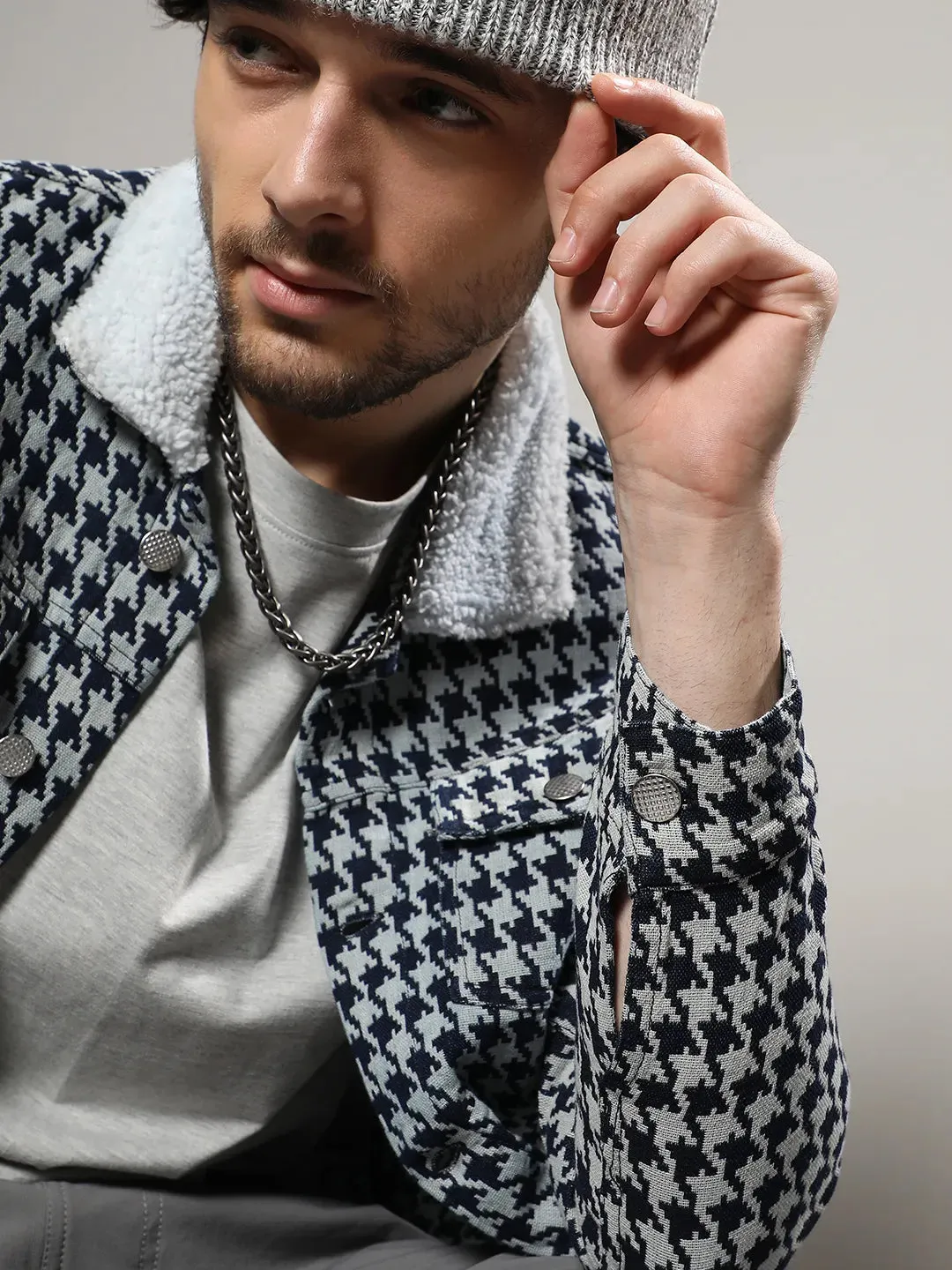 Fleece Houndstooth Denim Jacket