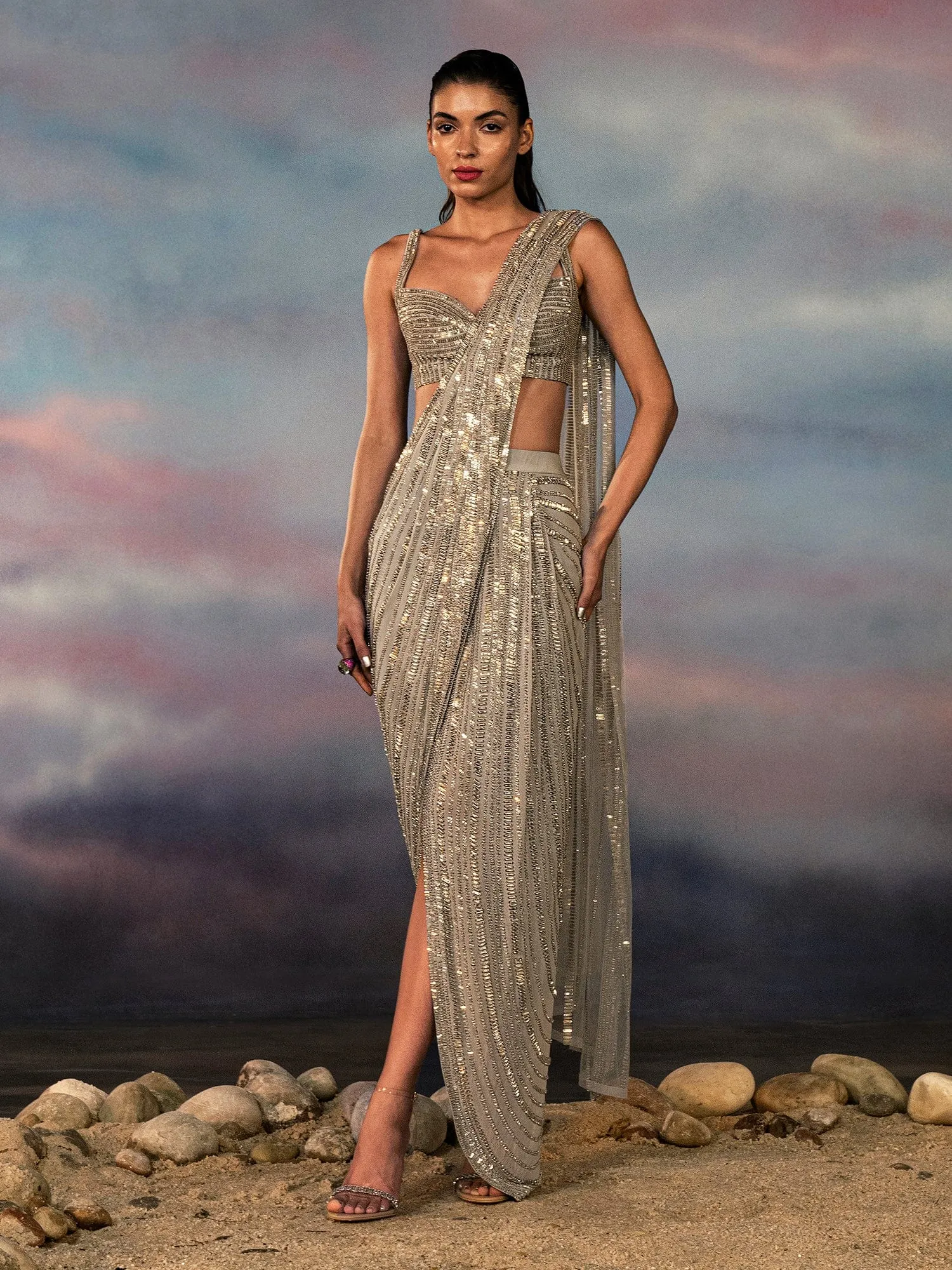 Fully Embellished Draped Georgette Astin Stripe Sari