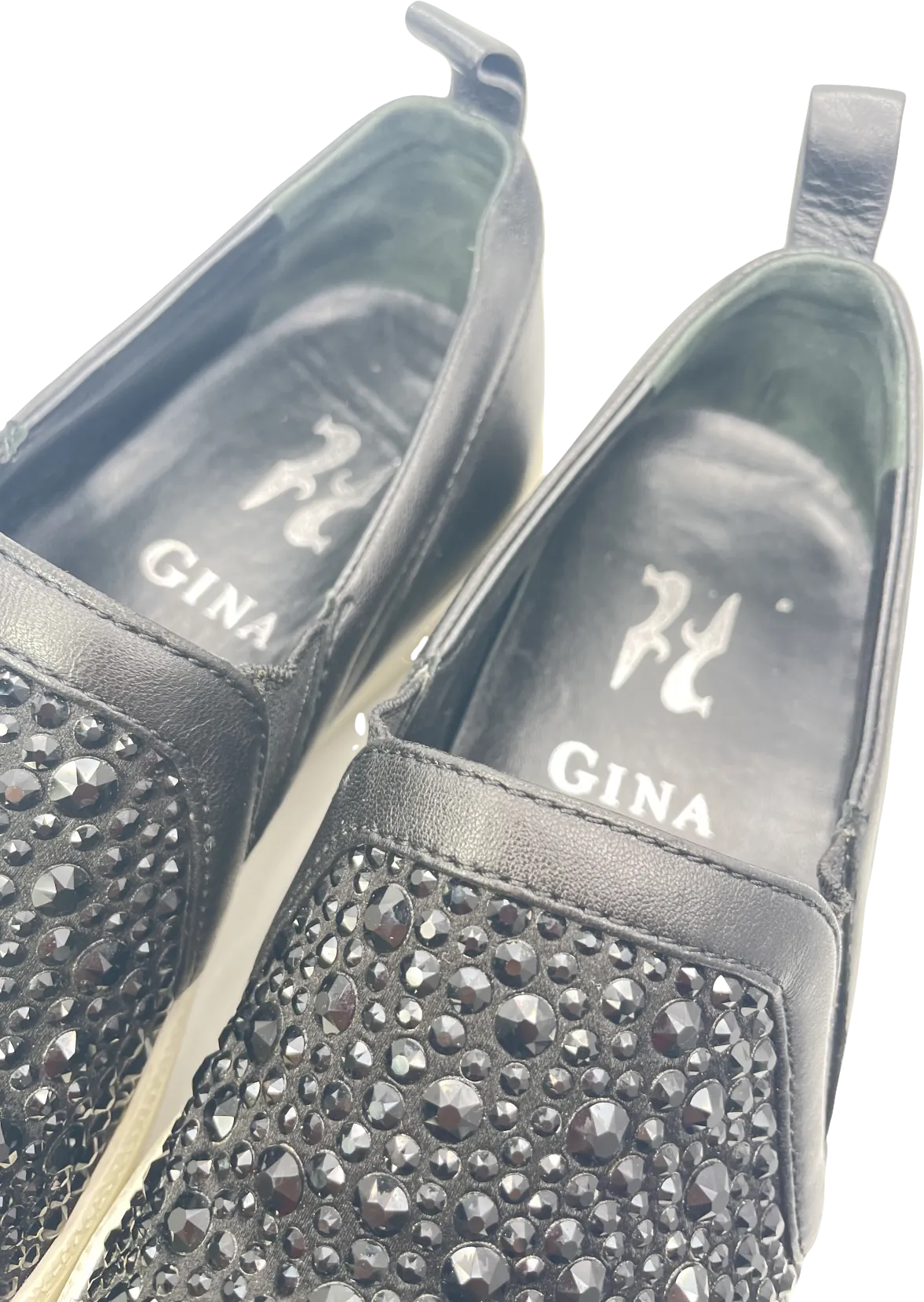 Gina Black Leather & Crystal Embellished Satin Gioia Slip On Skate Sneakers Trainers UK 3 EU 36 