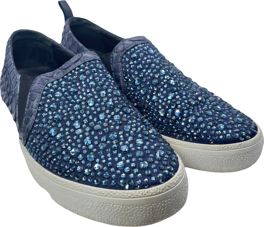 Gina Blue Navy Snake Leather & Crystal Embellished  Slip On Skate Sneakers Trainers UK 3 EU 36 