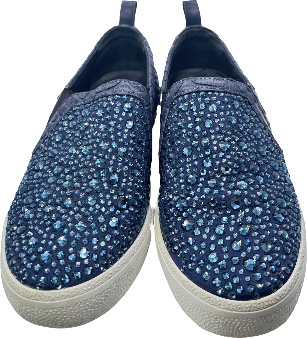 Gina Blue Navy Snake Leather & Crystal Embellished  Slip On Skate Sneakers Trainers UK 3 EU 36 