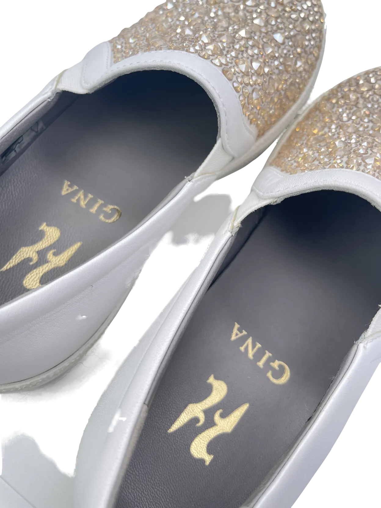 Gina White White/gold Leather & Crystal Embellished Satin Gioia Slip On Skate Sneakers Trainers UK 4 EU 37 