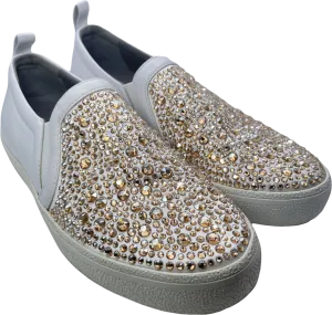 Gina White White/gold Leather & Crystal Embellished Satin Gioia Slip On Skate Sneakers Trainers UK 4 EU 37 