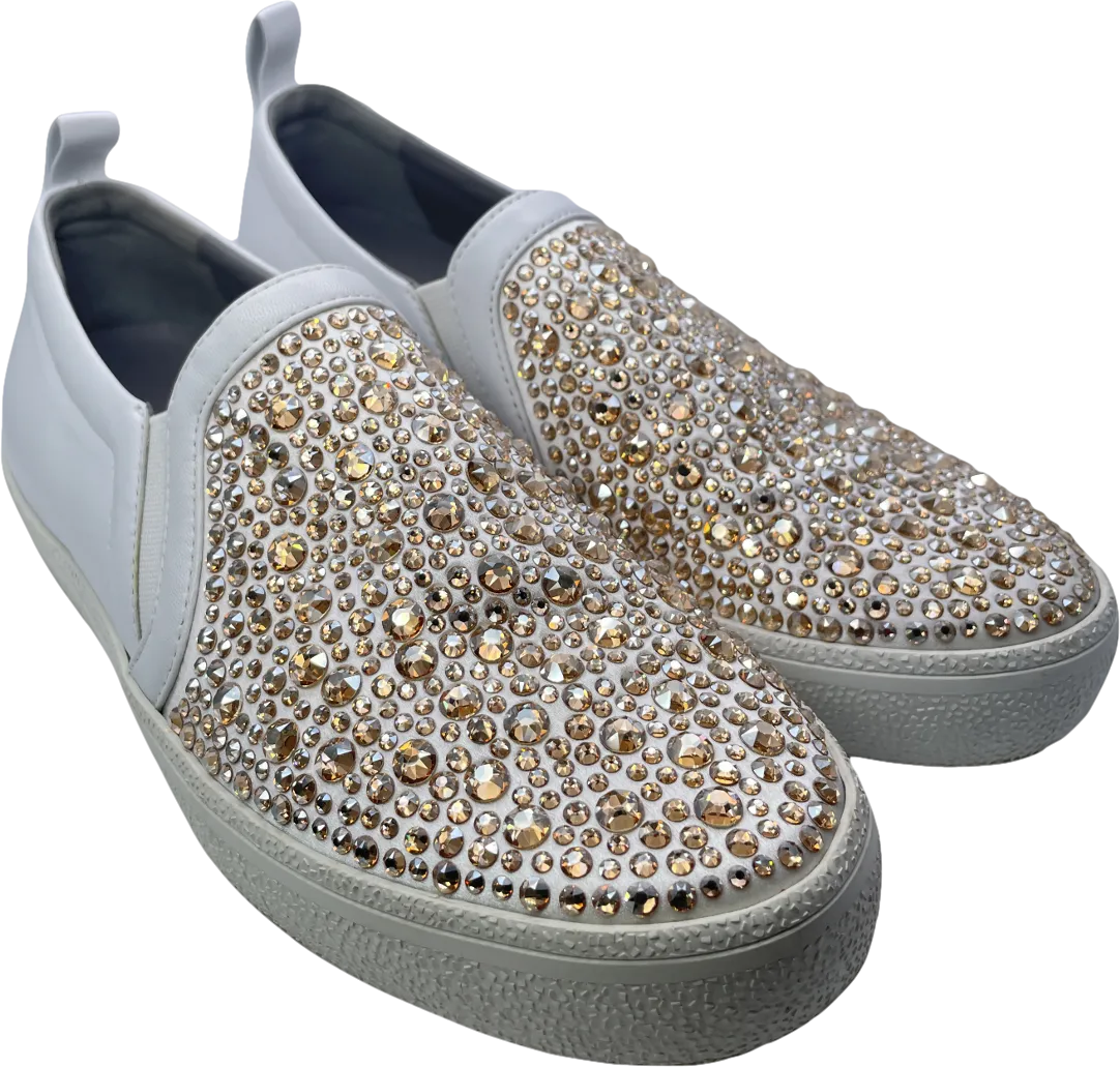Gina White White/gold Leather & Crystal Embellished Satin Gioia Slip On Skate Sneakers Trainers UK 4 EU 37 