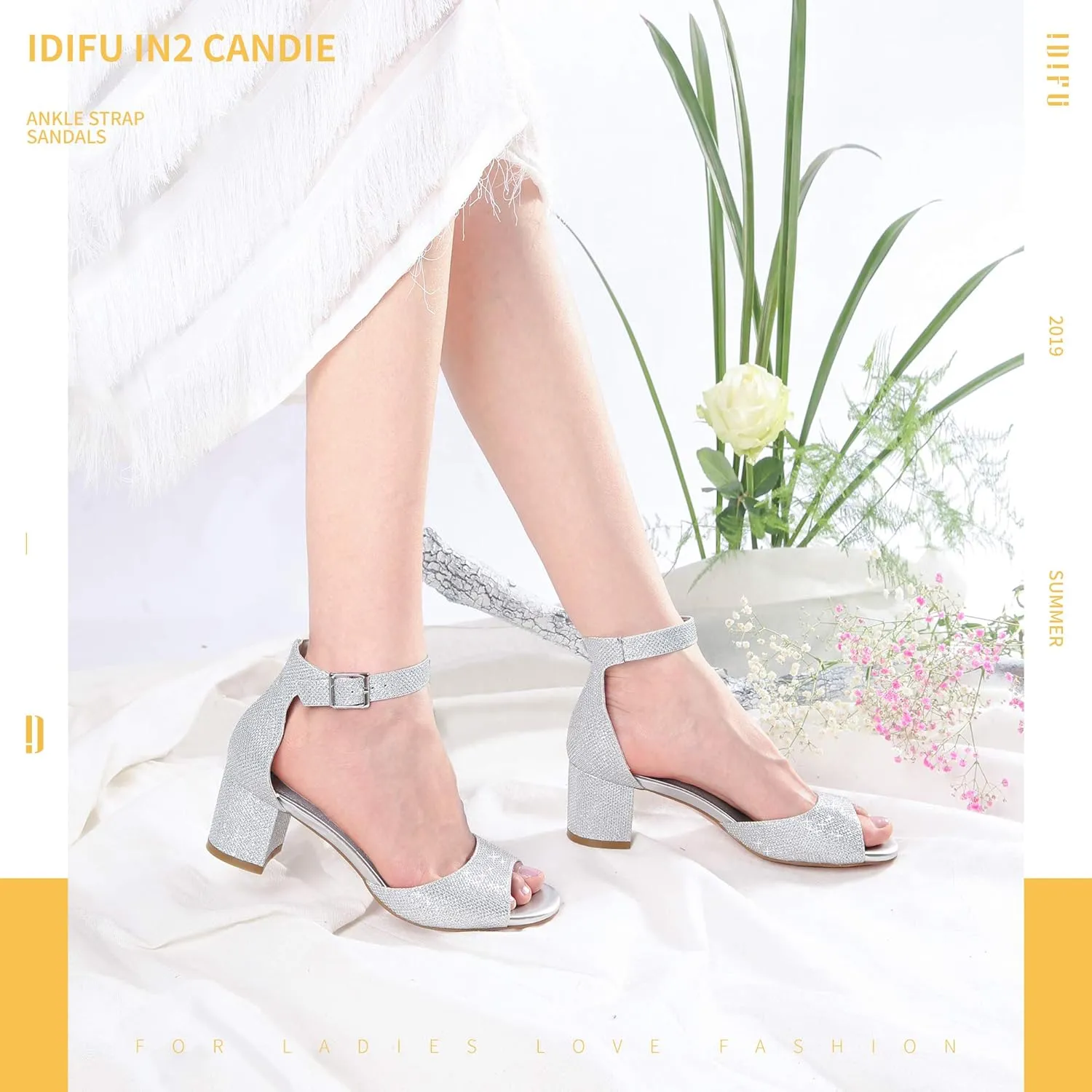 IDIFU Women's Candie Low Block Heels Sandals Peep Toe Chunky Ankle Strap Wedding Dress Shoes