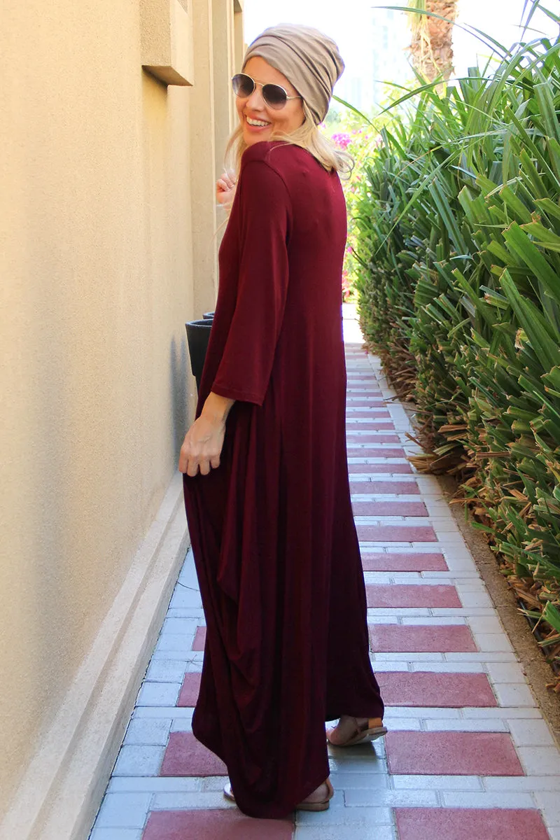 Long V-Neck Cotton Dress - Maroon / Gold Princess