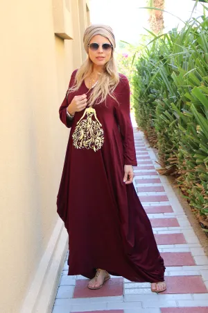 Long V-Neck Cotton Dress - Maroon / Gold Princess