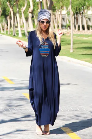 Long V-Neck Cotton Dress - Sadu Hamsa