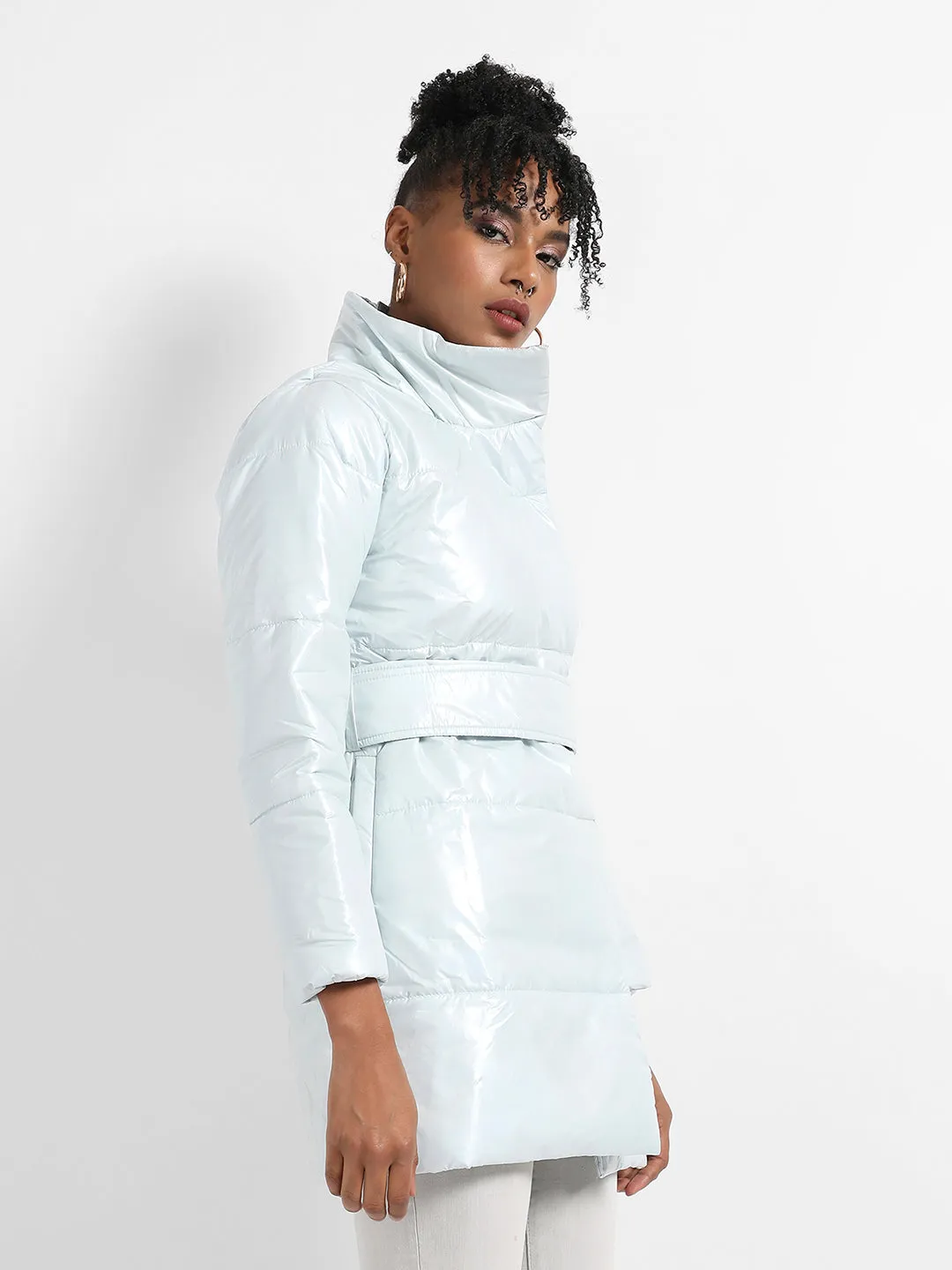 Metallic Belted Long Puffer With Tie-Up Waist