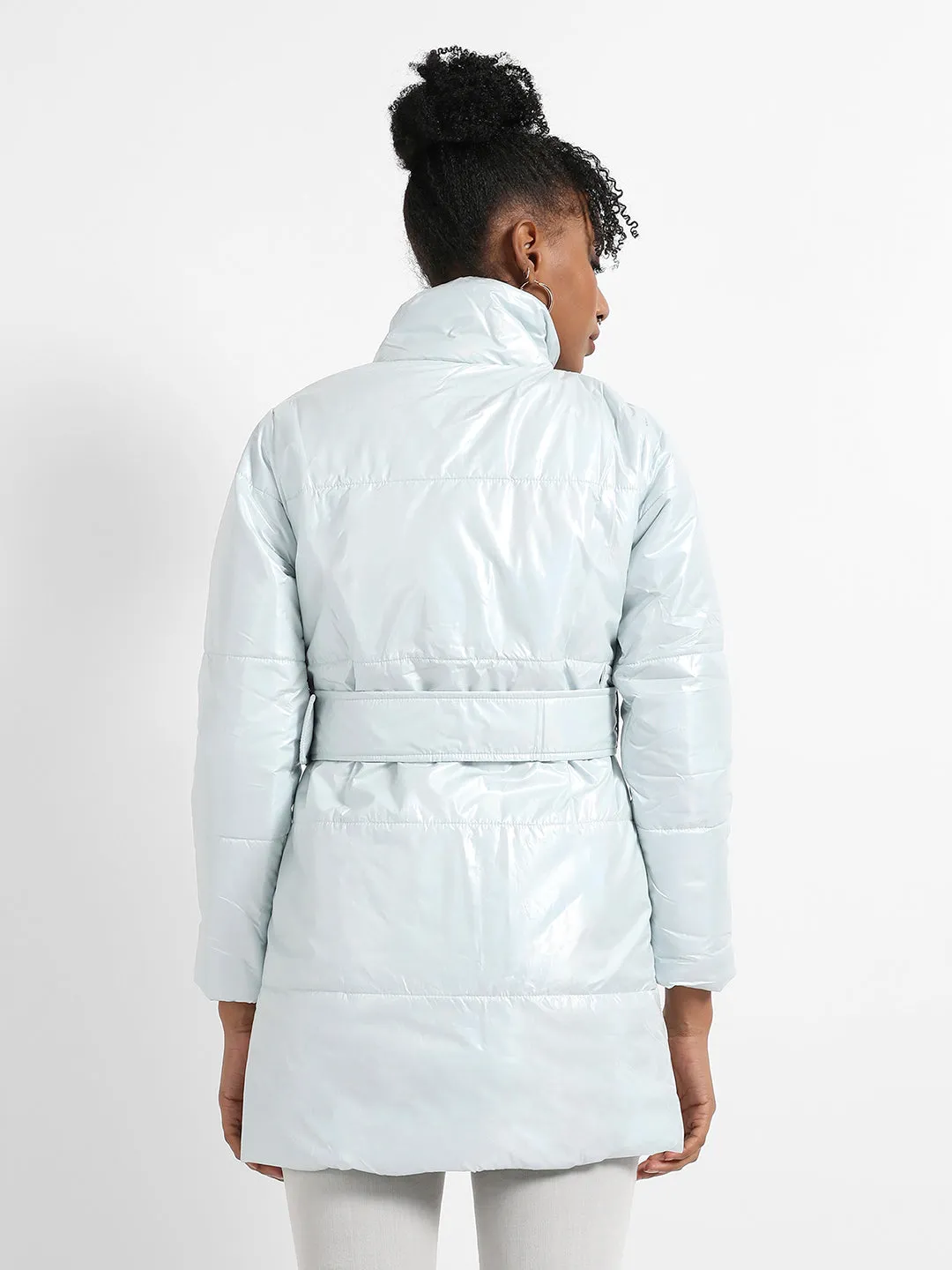 Metallic Belted Long Puffer With Tie-Up Waist