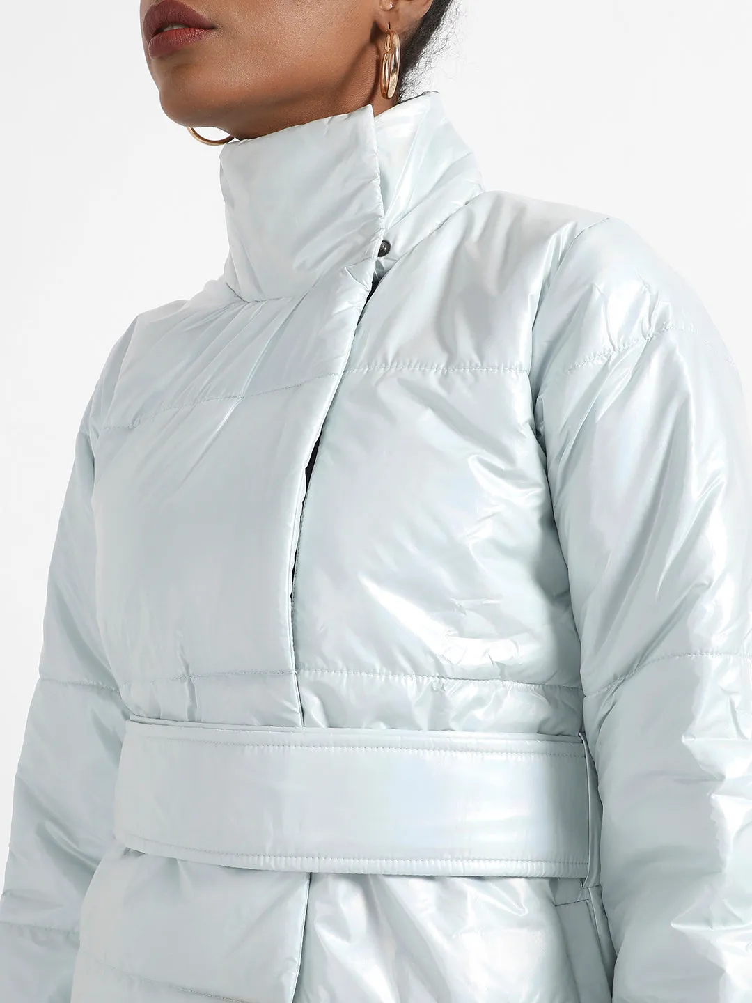 Metallic Belted Long Puffer With Tie-Up Waist