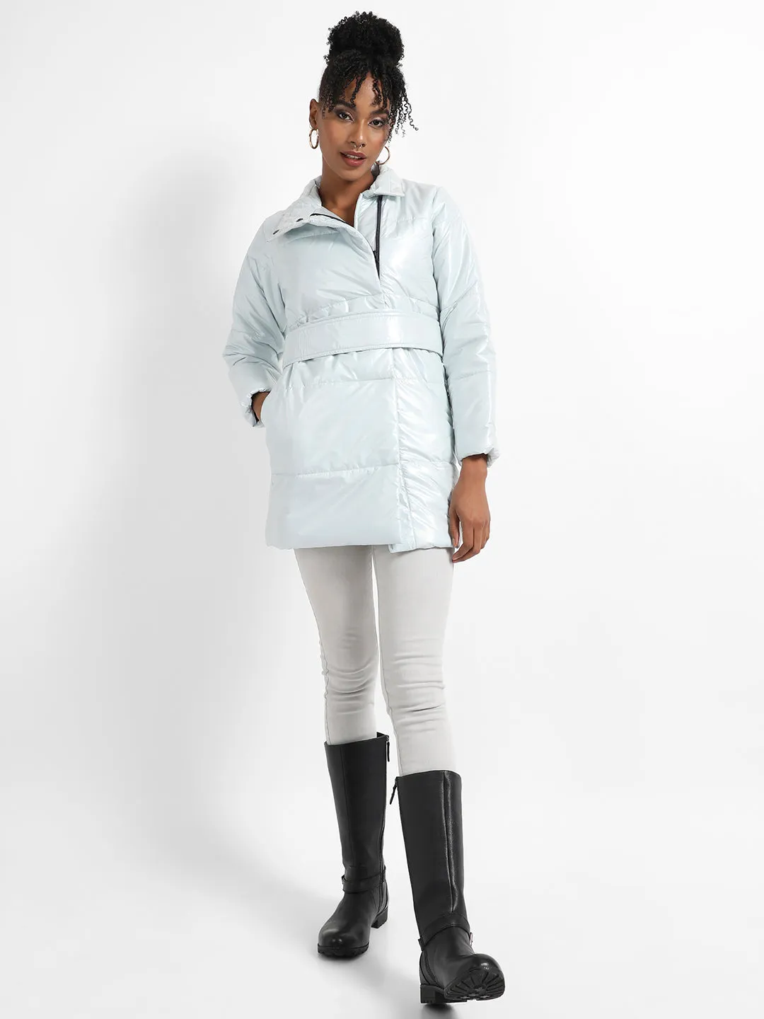 Metallic Belted Long Puffer With Tie-Up Waist