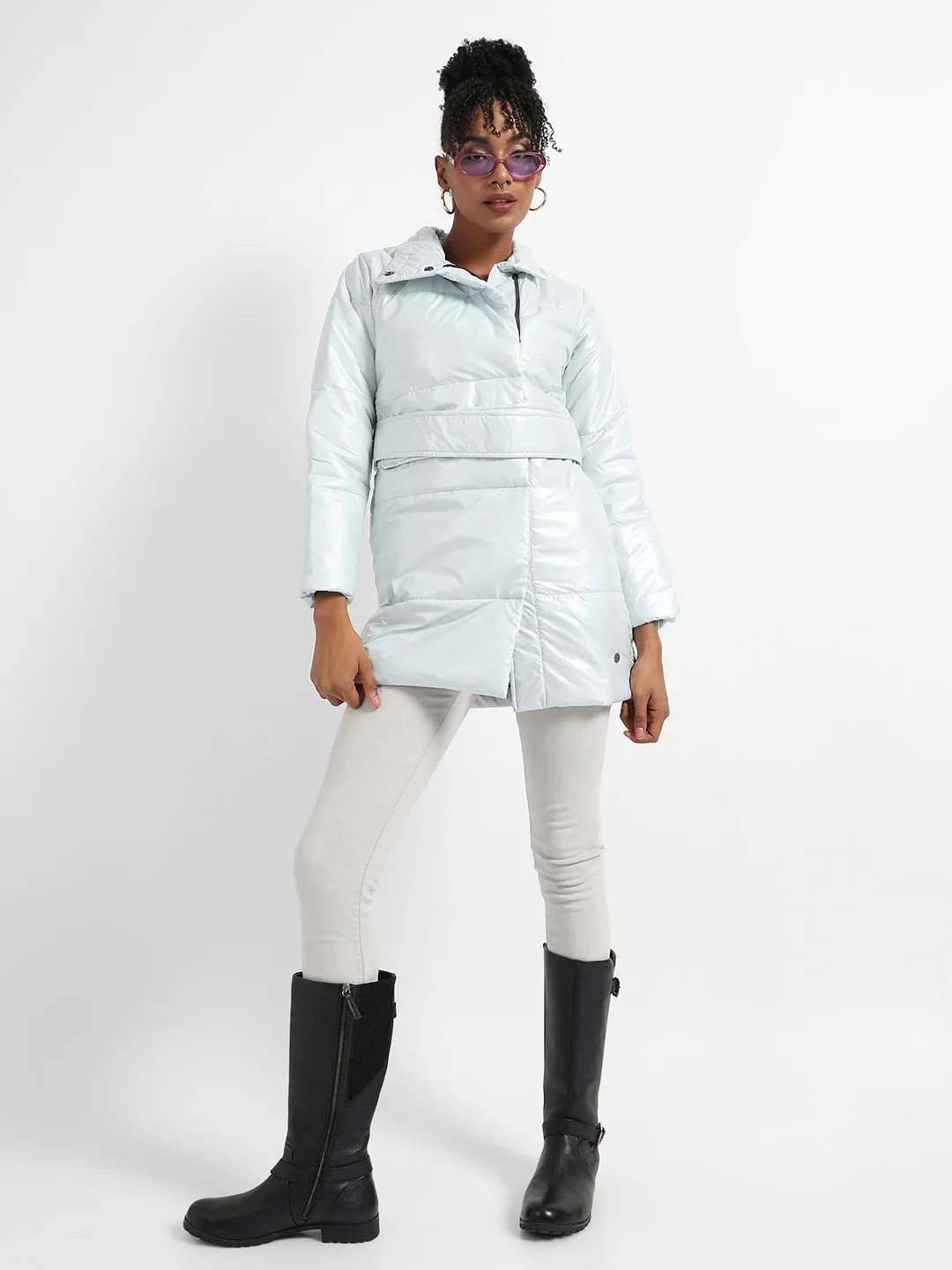 Metallic Belted Long Puffer With Tie-Up Waist