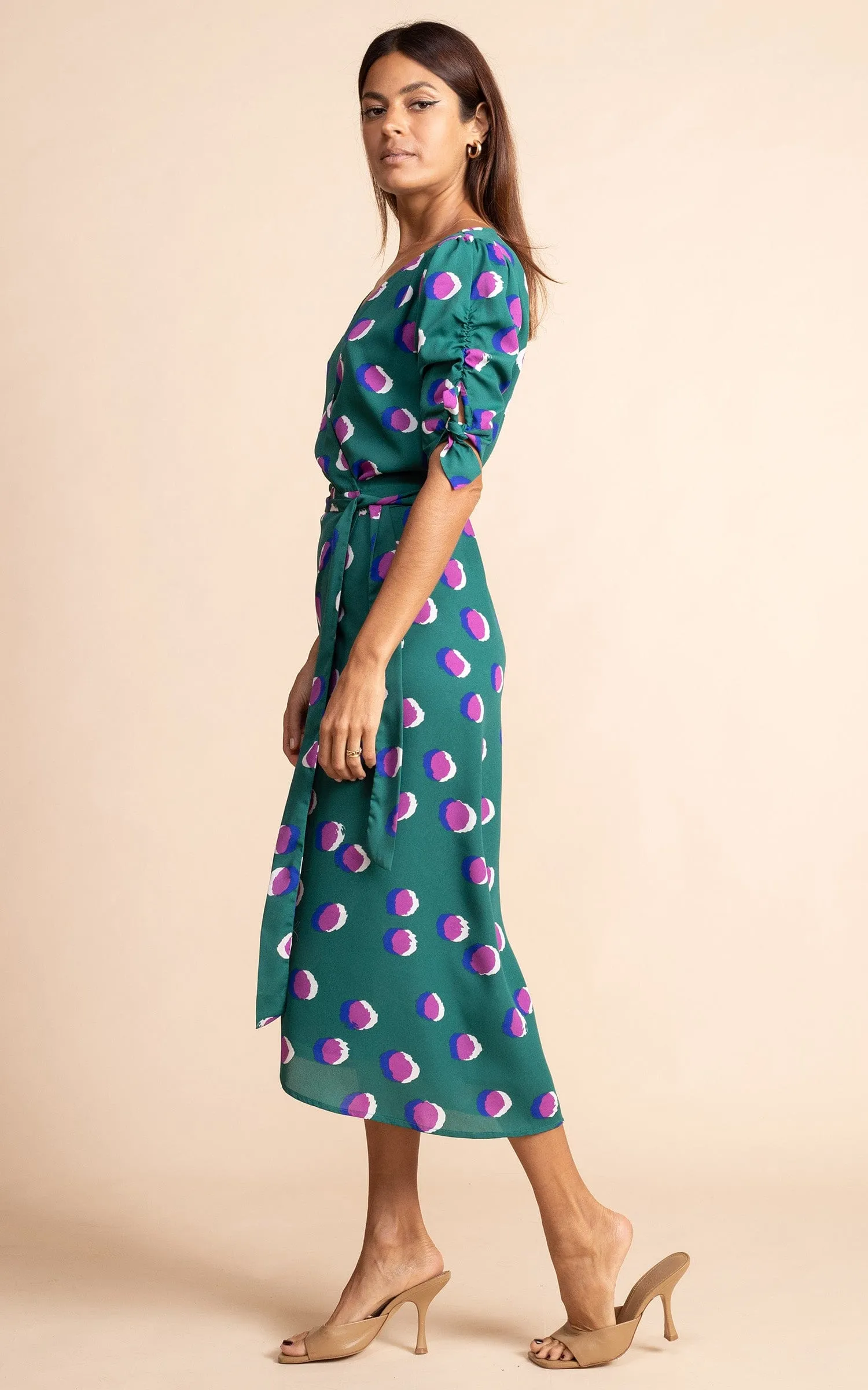 Olivera Midi Dress in Polka Dot Purple on Green