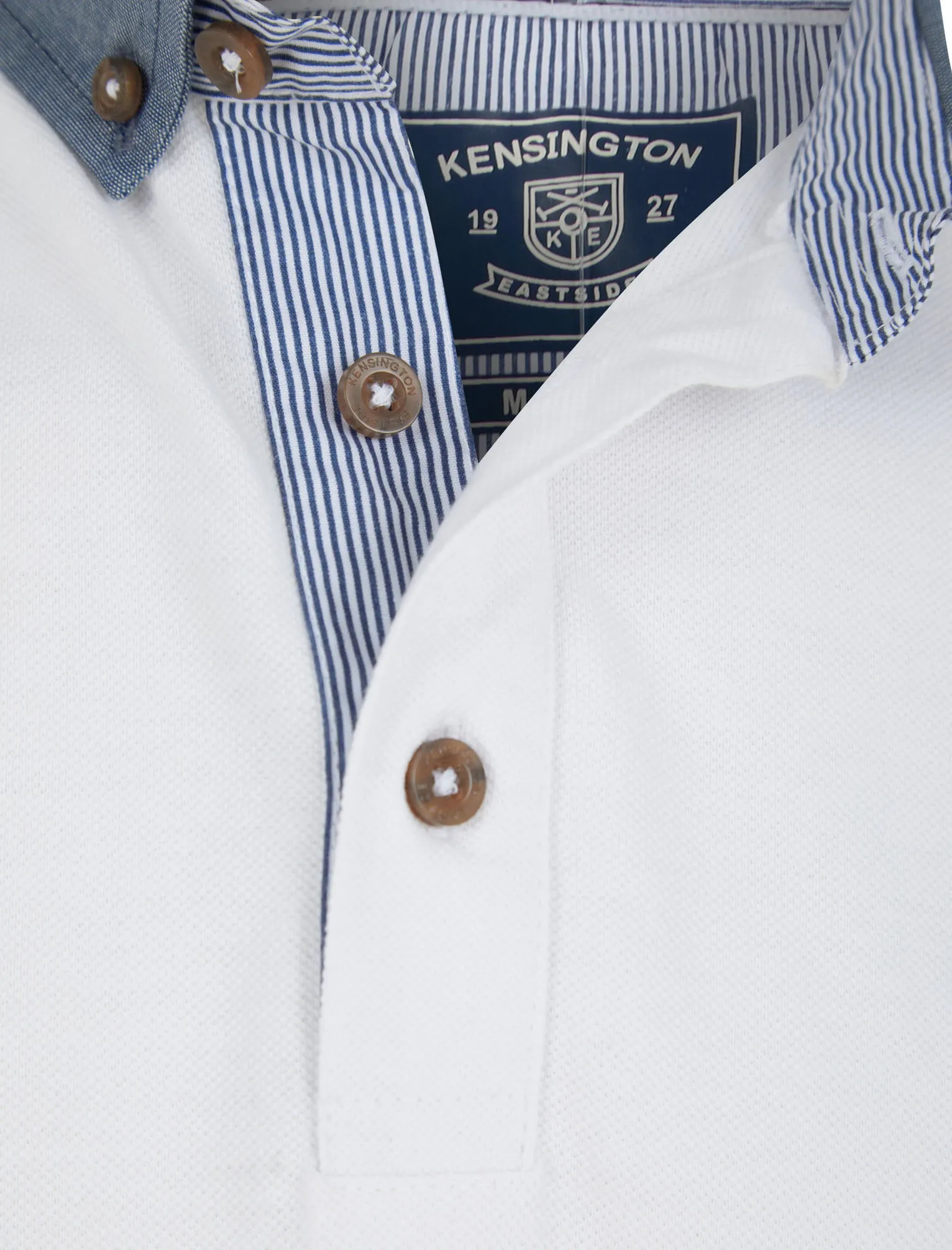 Passmore Cotton Pique Polo Shirt with Chambray Collar in Bright White - Kensington Eastside