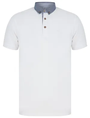 Passmore Cotton Pique Polo Shirt with Chambray Collar in Bright White - Kensington Eastside