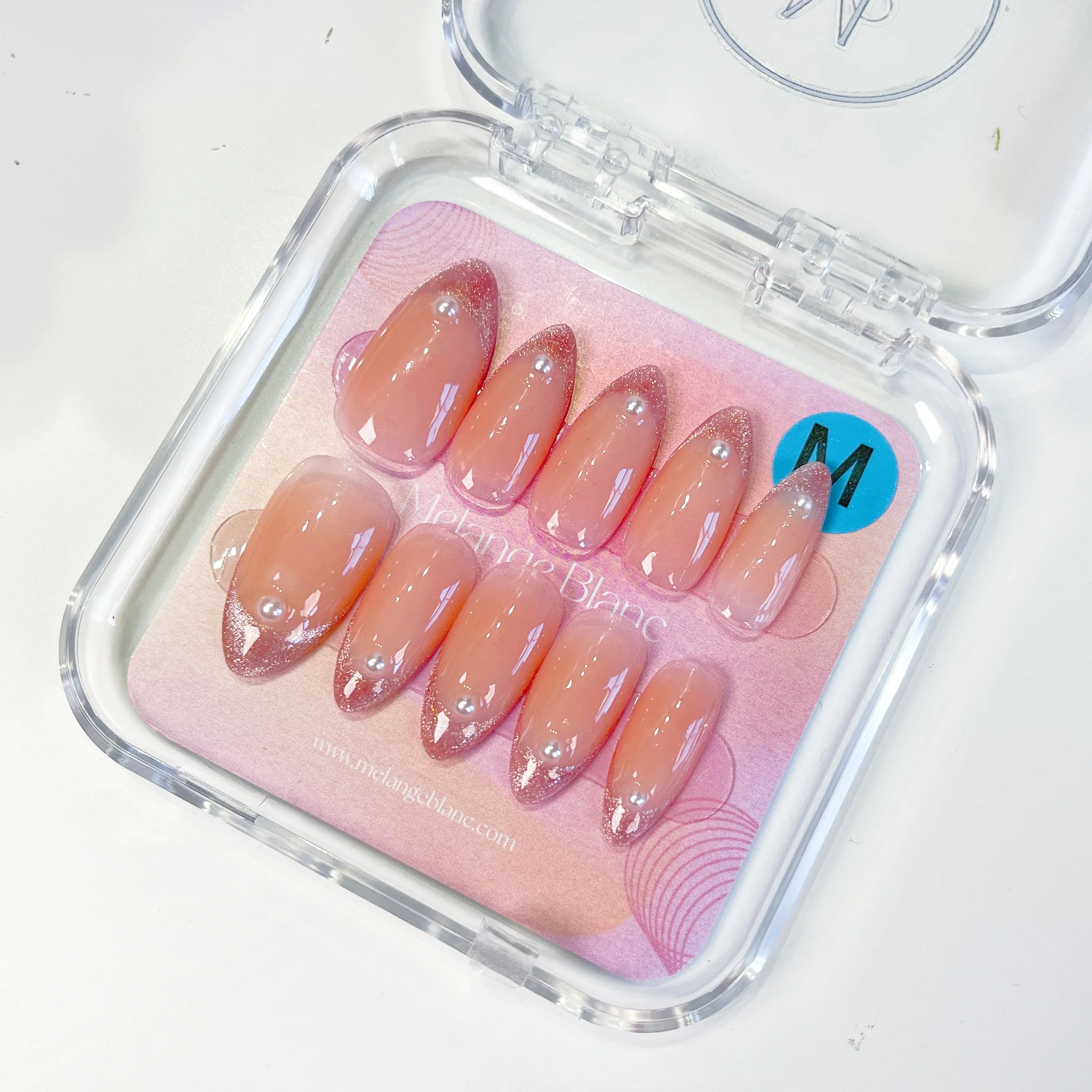PO014 glitter cat eye french tip almond press on nails