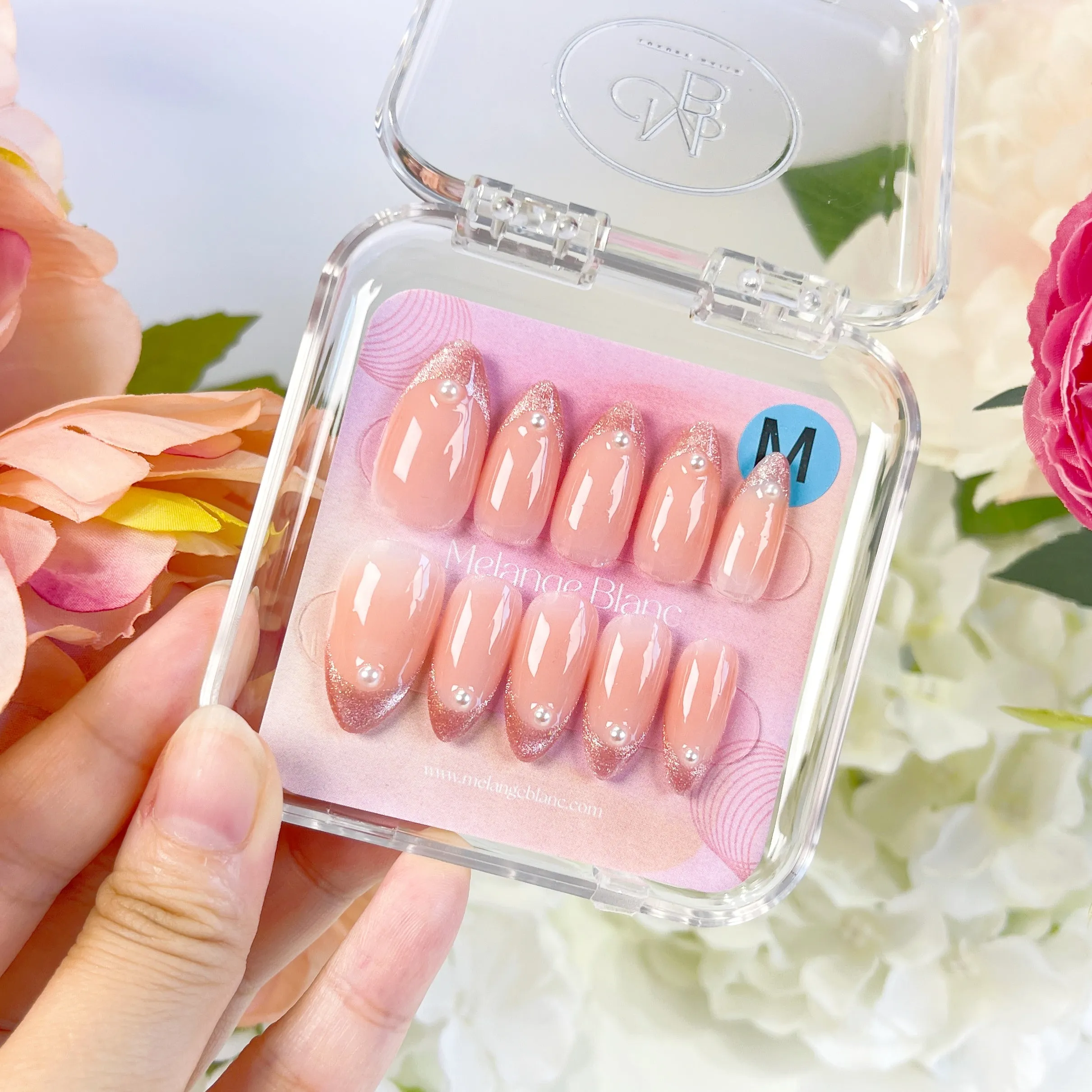 PO014 glitter cat eye french tip almond press on nails