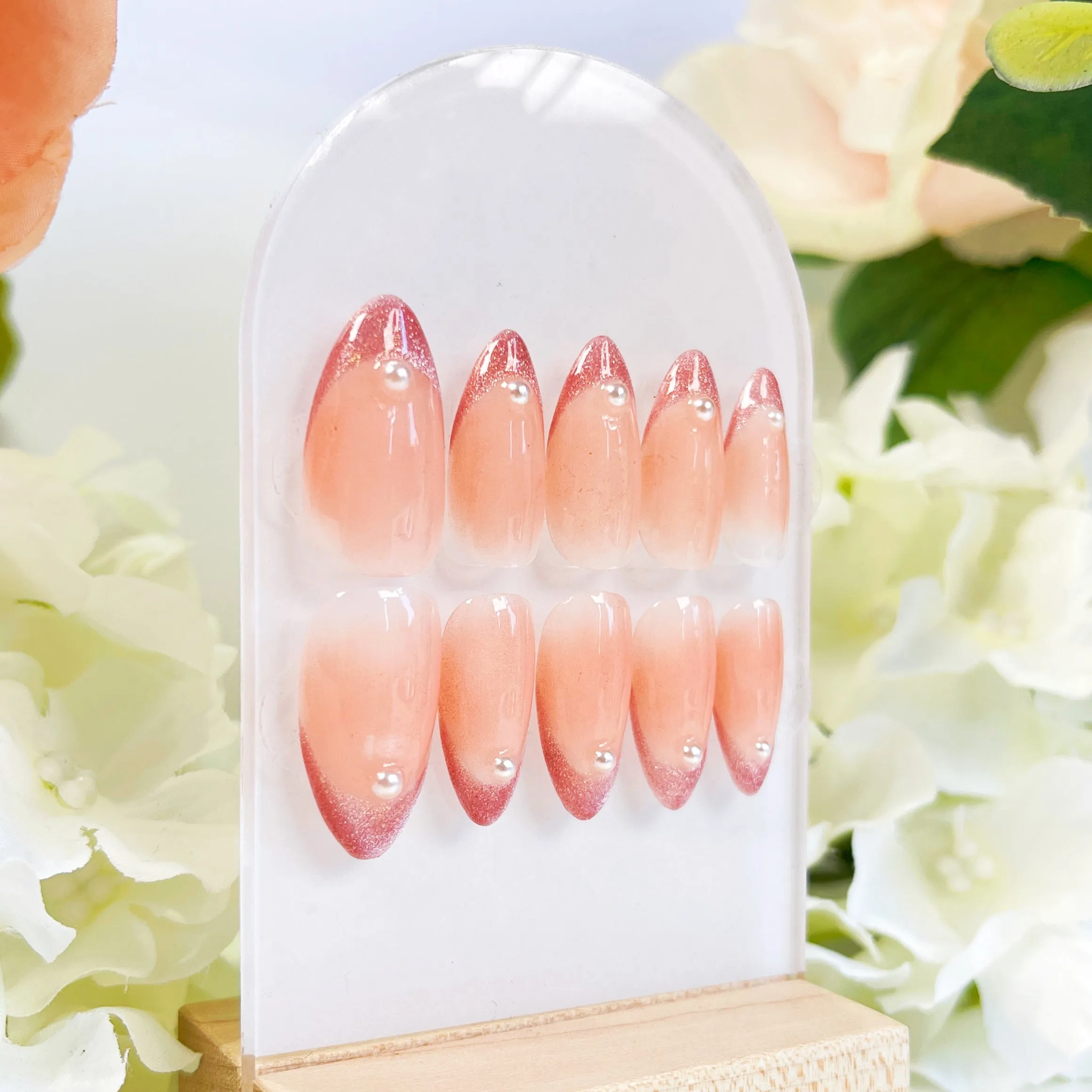 PO014 glitter cat eye french tip almond press on nails
