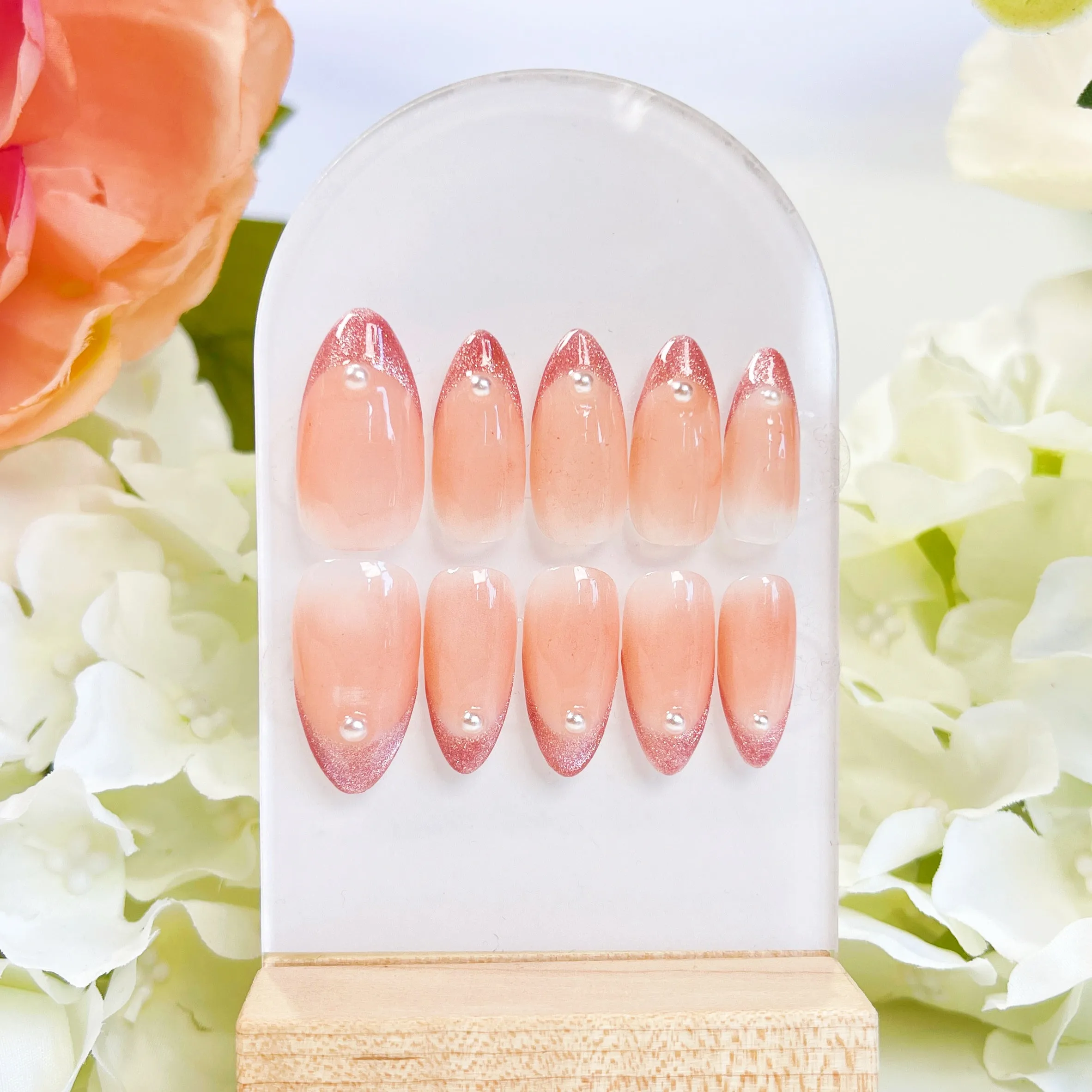 PO014 glitter cat eye french tip almond press on nails