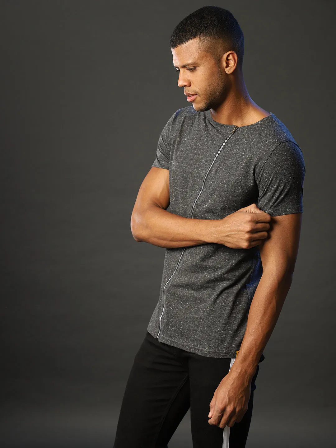 Round Neck Zip T-Shirt