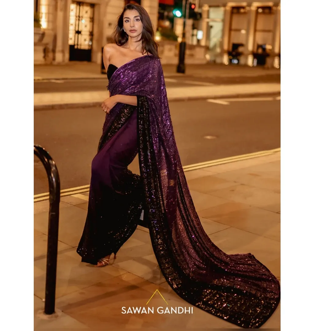 Royal Purple To Black Ombre Sari