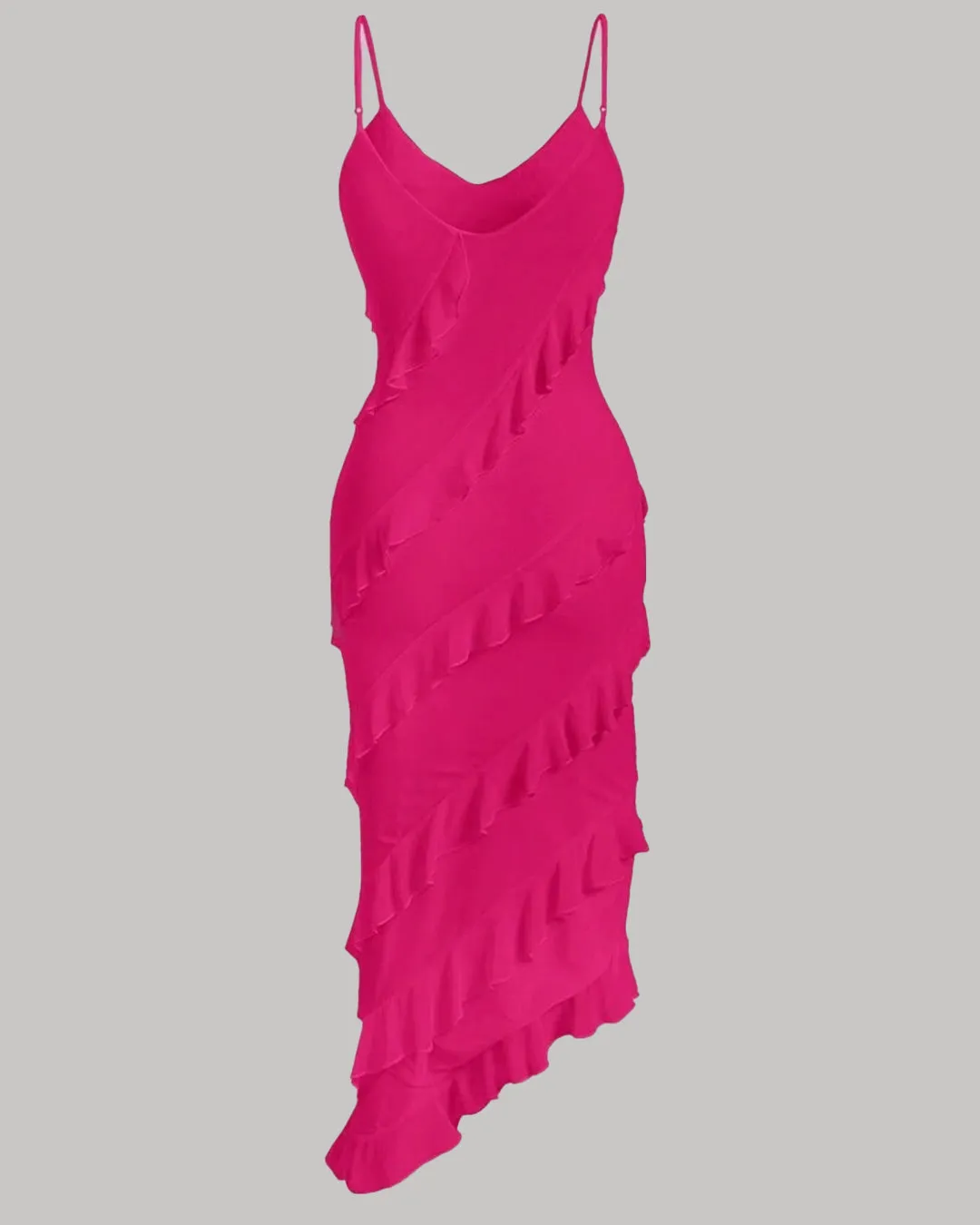 Spaghetti Strap Ruffle Trim Asymmetrical Pink Cami Dress