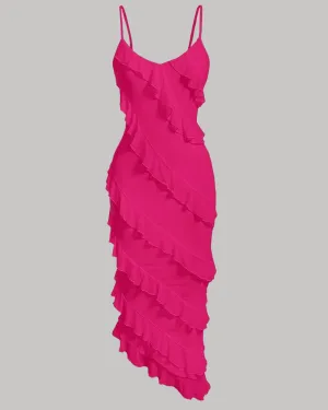 Spaghetti Strap Ruffle Trim Asymmetrical Pink Cami Dress