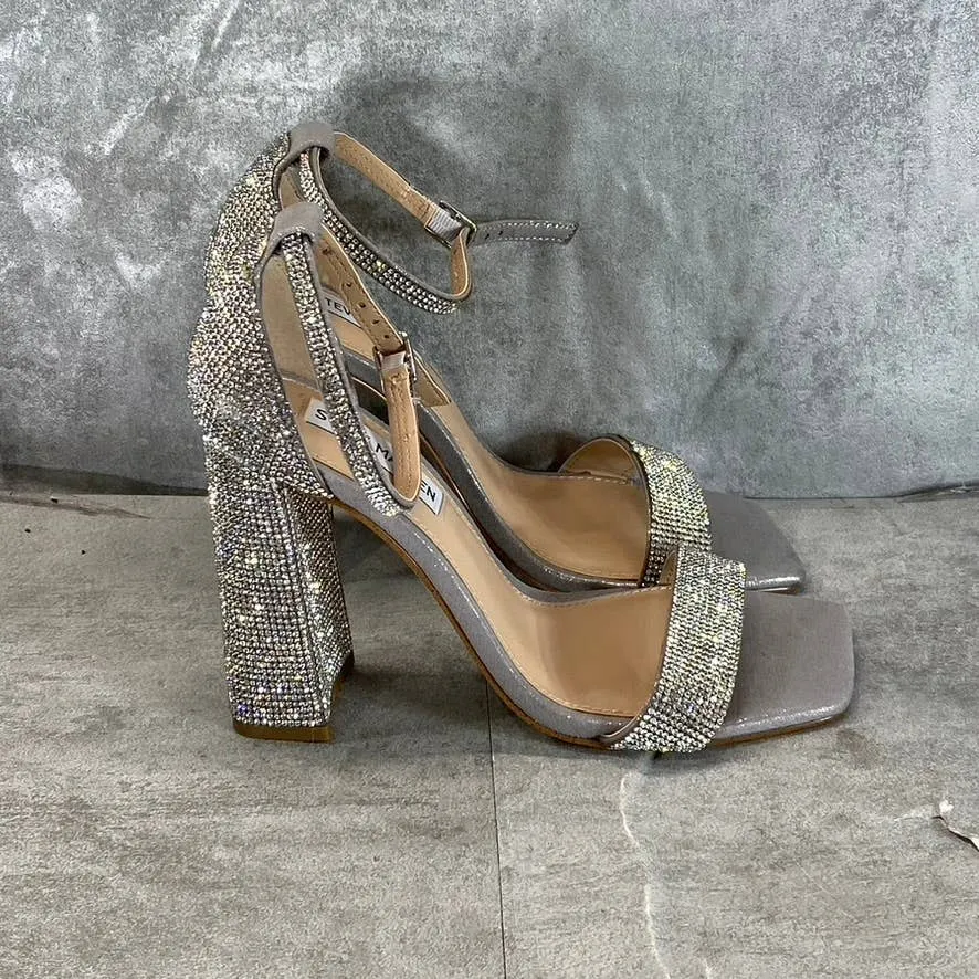 STEVE MADDEN Women's Silver Rhinestone Tiaa Square-Toe Two-Piece Sandals SZ 7
