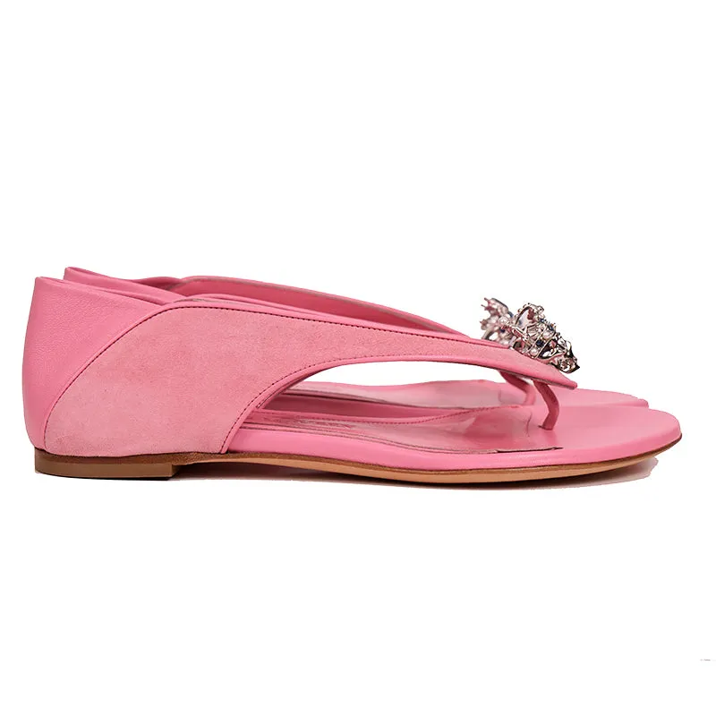 sz 37 NEW $795 ALEXANDER MCQUEEN Pink Suede KING & QUEEN SKULL Flats SANDALS NIB
