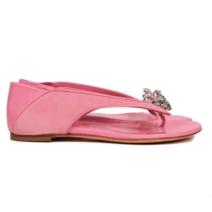 sz 37 NEW $795 ALEXANDER MCQUEEN Pink Suede KING & QUEEN SKULL Flats SANDALS NIB