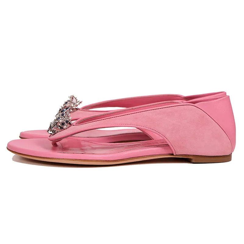 sz 37 NEW $795 ALEXANDER MCQUEEN Pink Suede KING & QUEEN SKULL Flats SANDALS NIB