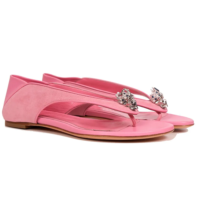 sz 37 NEW $795 ALEXANDER MCQUEEN Pink Suede KING & QUEEN SKULL Flats SANDALS NIB
