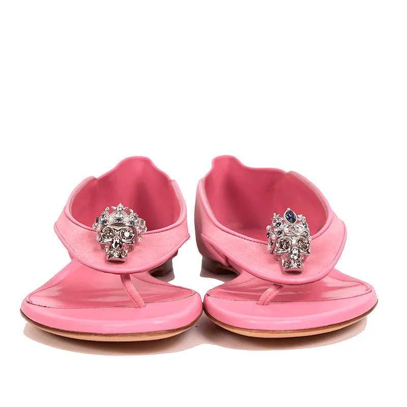 sz 37 NEW $795 ALEXANDER MCQUEEN Pink Suede KING & QUEEN SKULL Flats SANDALS NIB
