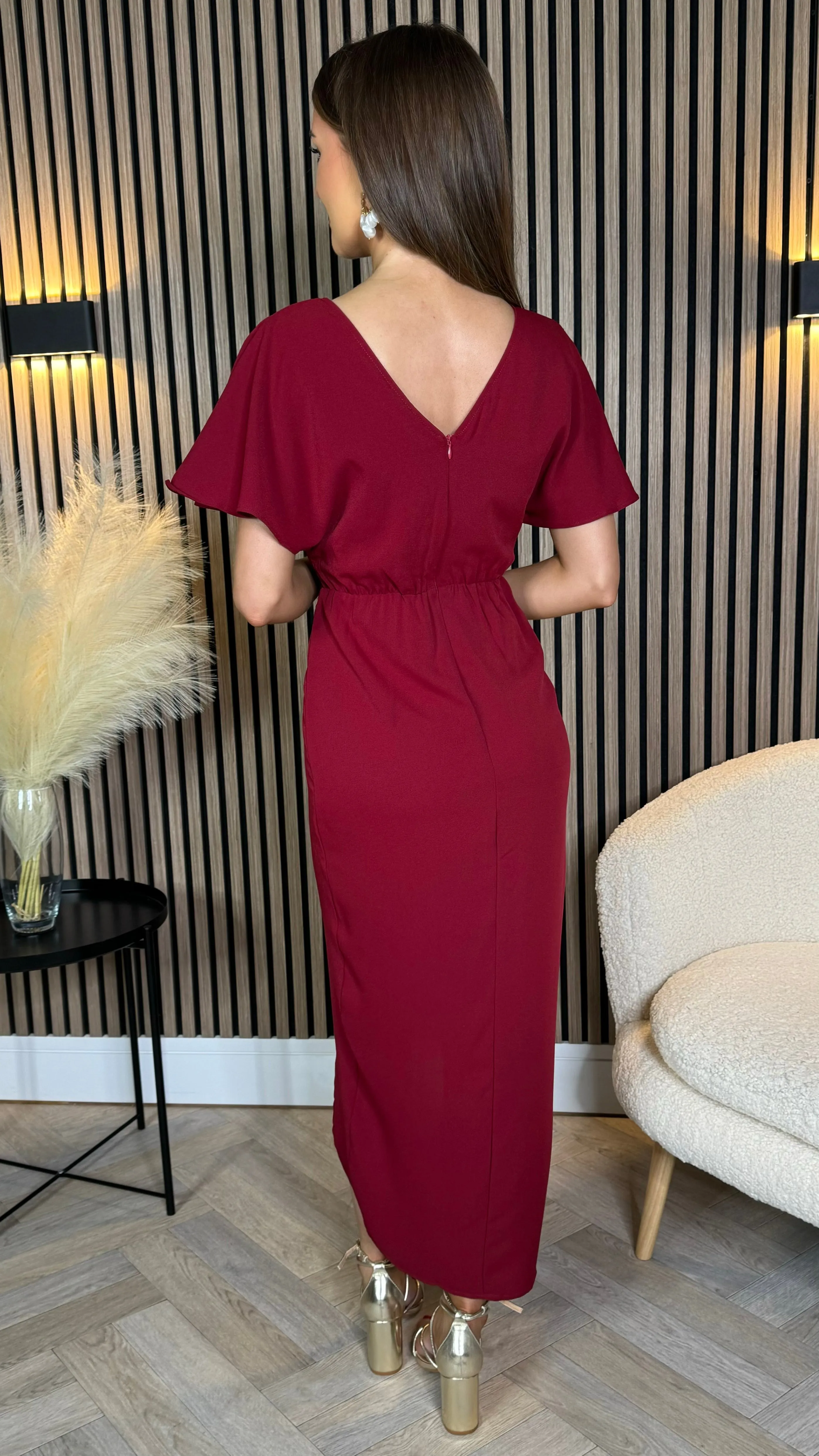 Tasmin Red Wrap Over Style Midi Dress