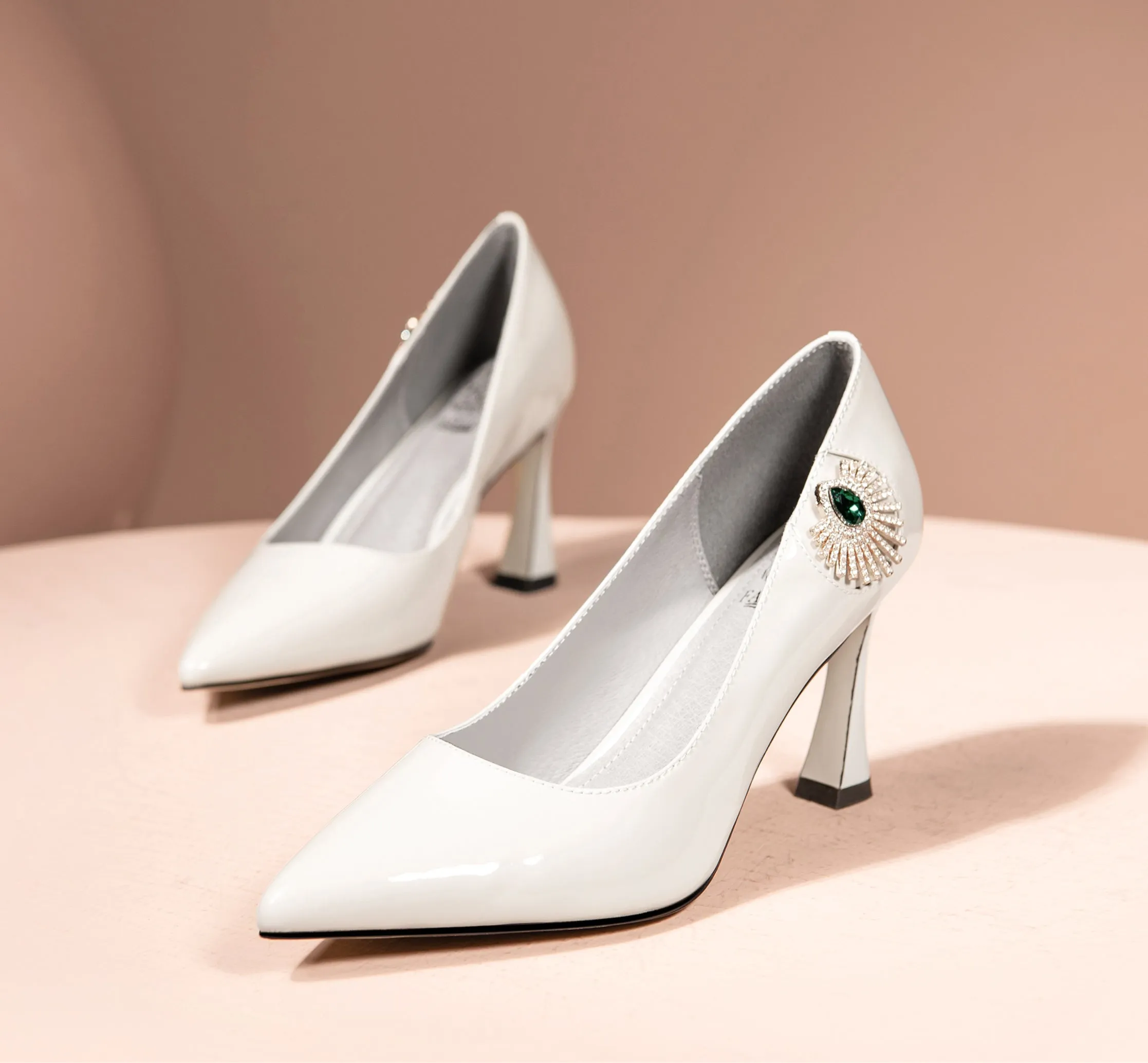 TinaCus Patent Leather Women's Handmade Pointed Toe Unique Glitter Rhinestone Emerald Crystal Design High Heel Slip On Pumps