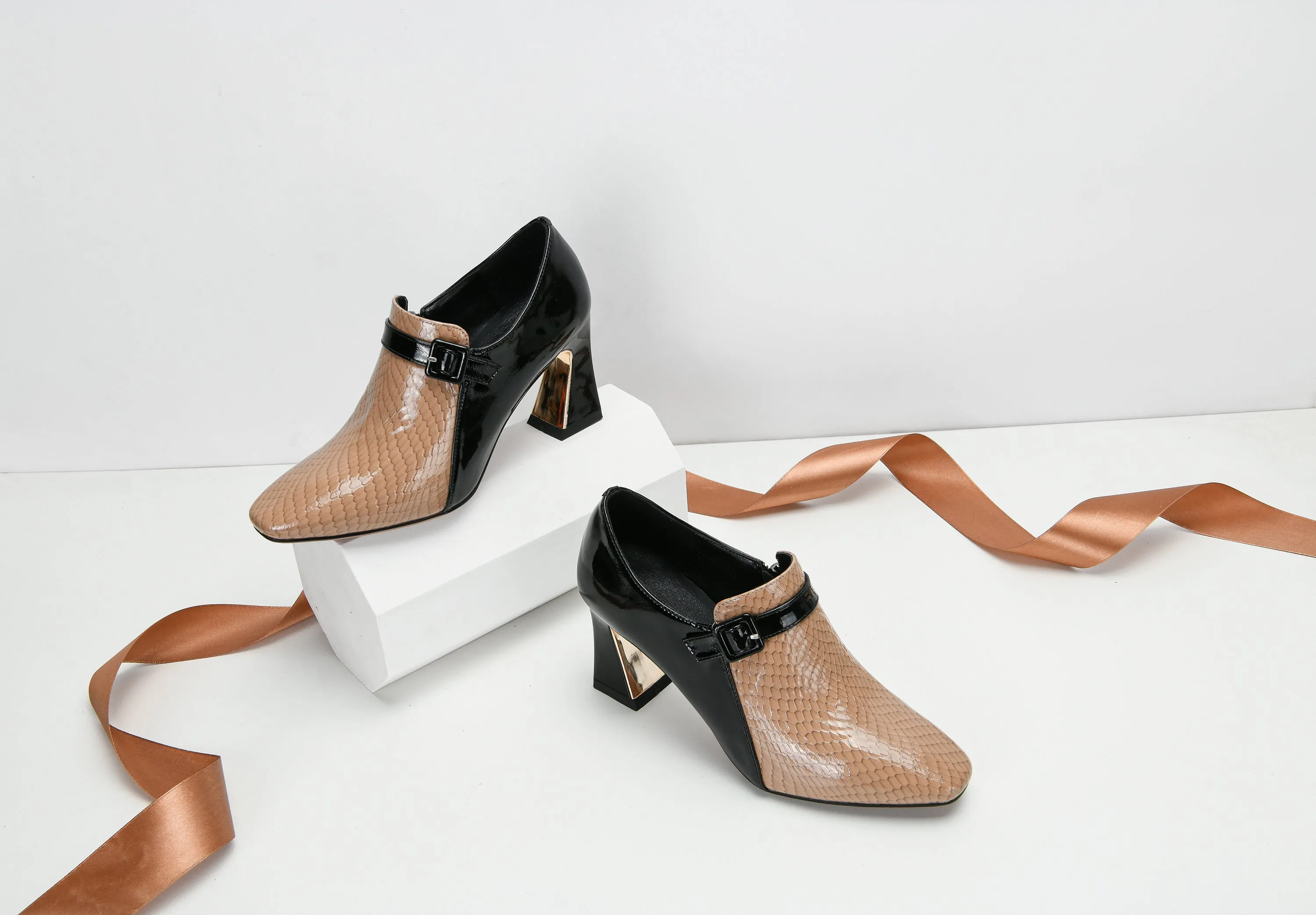 TinaCus Women's Genuine Leather Round Toe Handmade Buckle Side Zipper Multi-Colored Mid Chunky Heel Stylish Pumps Shoes